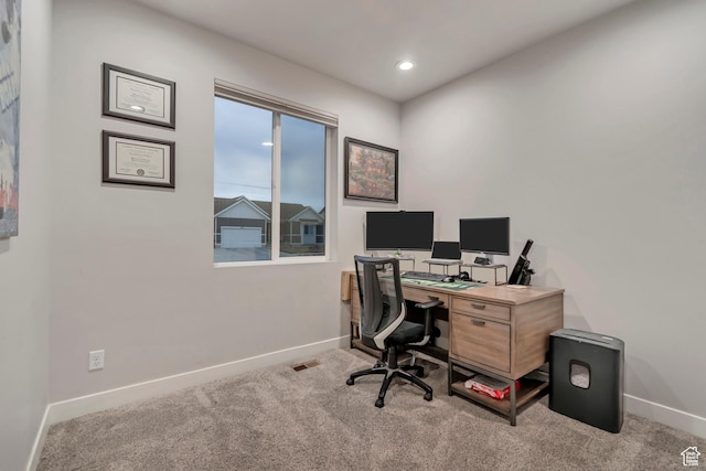 office space featuring baseboards, visible vents, recessed lighting, and carpet flooring
