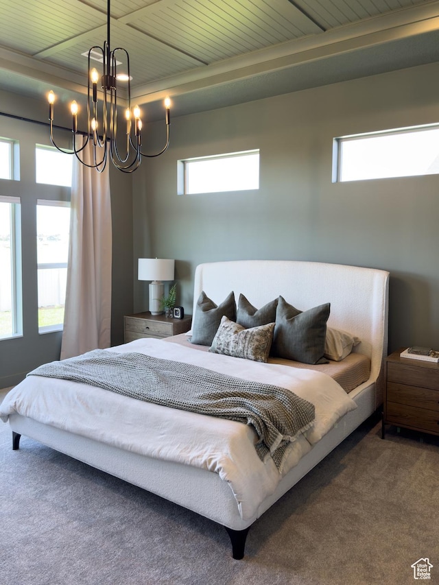 4436 W 1050 S Unit 104, West Point, UT 84015 - bedroom featuring an inviting chandelier, a raised ceiling, wooden ceiling, and carpet