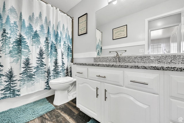 bathroom featuring toilet, curtained shower, wood finished floors, and vanity