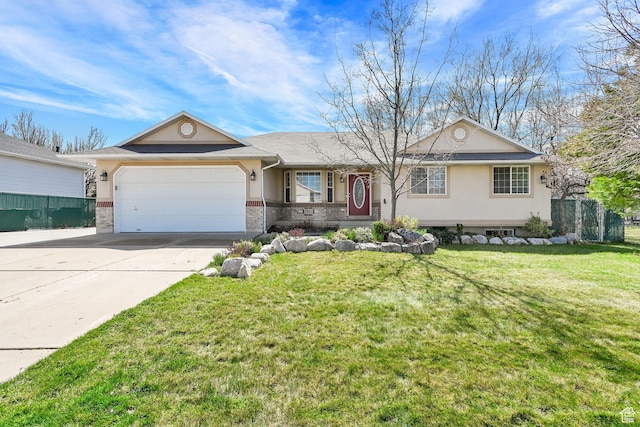 ranch-style home with stucco siding, driveway, a front lawn, brick siding, and a garage