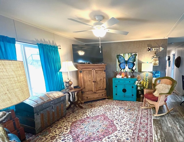 3203 S Nina Loop, Garden City, UT 84028 - living room featuring a ceiling fan, ornamental molding, and wood finished floors