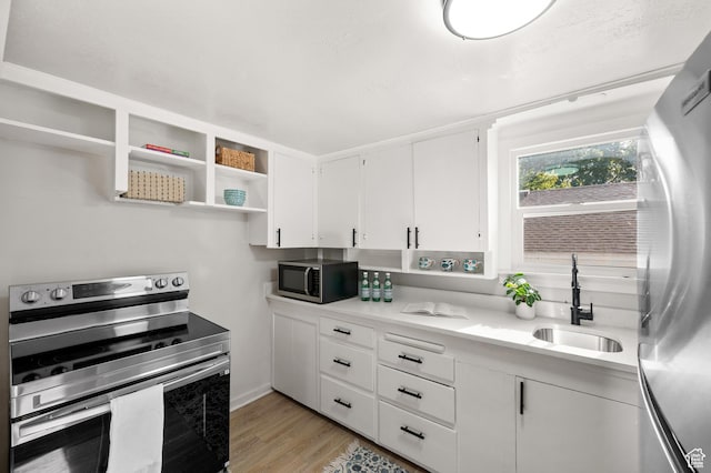 655 S 800 E, Salt Lake City, UT 84102 - kitchen featuring light countertops, appliances with stainless steel finishes, white cabinetry, a sink, and open shelves