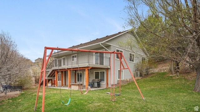 2484 Oakridge Dr, Spanish Fork, UT 84660 - rear view of property with a lawn, stairway, a deck, and a patio area