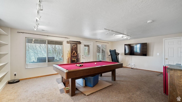 2484 Oakridge Dr, Spanish Fork, UT 84660 - recreation room featuring a textured ceiling, track lighting, carpet, baseboards, and billiards