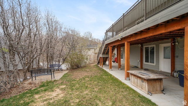 2484 Oakridge Dr, Spanish Fork, UT 84660 - view of yard with stairs, fence, a wooden deck, and a patio area