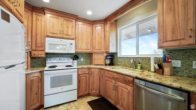 2484 Oakridge Dr, Spanish Fork, UT 84660 - kitchen featuring decorative backsplash, a sink, light stone counters, and white appliances