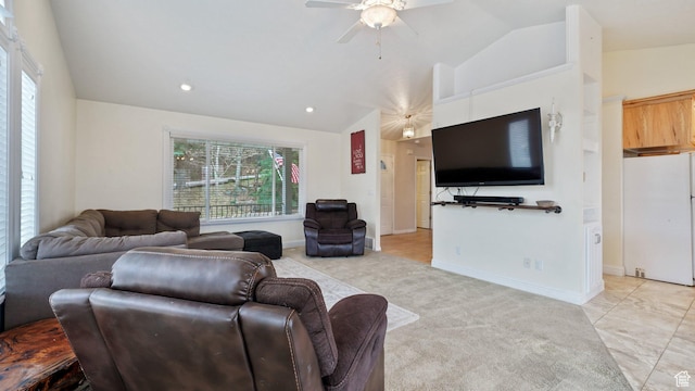 2484 Oakridge Dr, Spanish Fork, UT 84660 - living room featuring a healthy amount of sunlight, vaulted ceiling, and ceiling fan