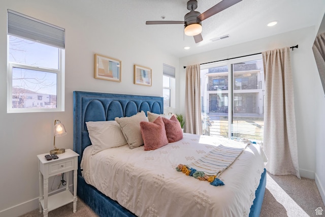 5399 S Cerulean Ln Unit 95, St George, UT 84790 - carpeted bedroom featuring baseboards, visible vents, recessed lighting, and a ceiling fan