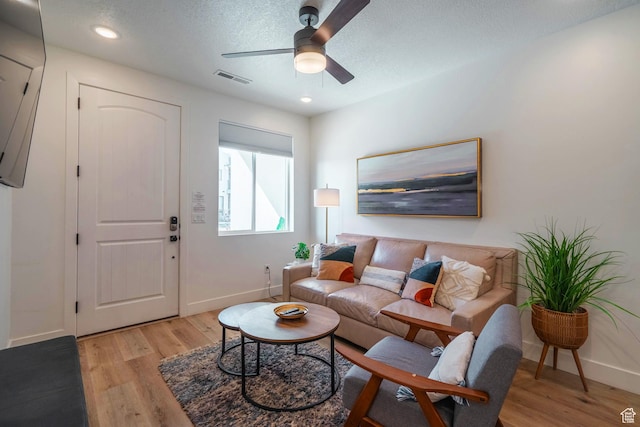 5399 S Cerulean Ln Unit 95, St George, UT 84790 - living area with a textured ceiling, light wood-style flooring, baseboards, visible vents, and ceiling fan