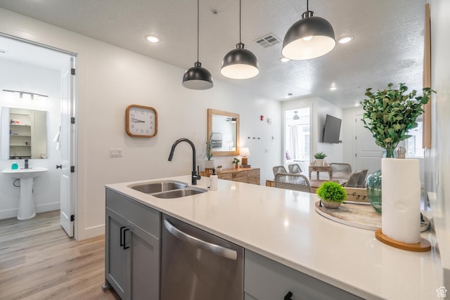 5399 S Cerulean Ln Unit 95, St George, UT 84790 - kitchen featuring a textured ceiling, visible vents, dishwasher, a sink, and gray cabinetry