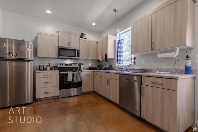 kitchen with recessed lighting, finished concrete floors, appliances with stainless steel finishes, decorative light fixtures, and light brown cabinetry
