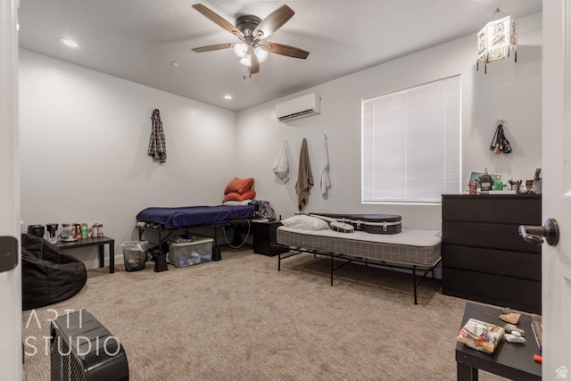 carpeted bedroom with a ceiling fan, a wall mounted AC, baseboards, and recessed lighting