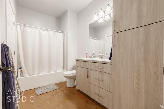 bathroom with concrete flooring, toilet, vanity, and shower / bathtub combination with curtain