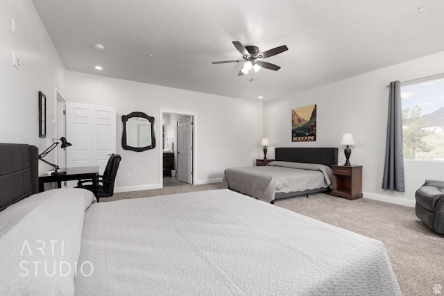 carpeted bedroom featuring recessed lighting, baseboards, ceiling fan, and a textured ceiling
