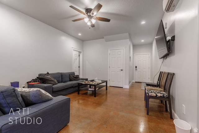 living room with baseboards, finished concrete flooring, ceiling fan, and recessed lighting