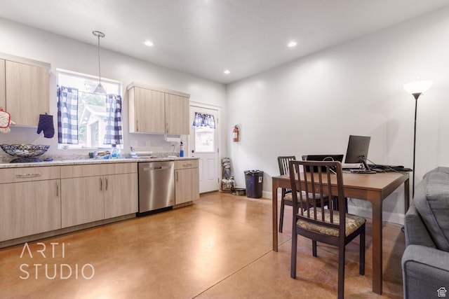 kitchen featuring a sink, light brown cabinetry, stainless steel dishwasher, concrete flooring, and recessed lighting
