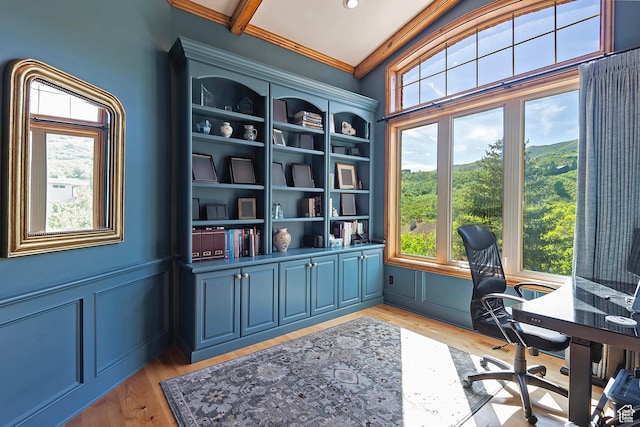 5888 E Pioneer Fork Rd N, Salt Lake City, UT 84108 - office area with a wainscoted wall, ornamental molding, a decorative wall, and light wood-style floors