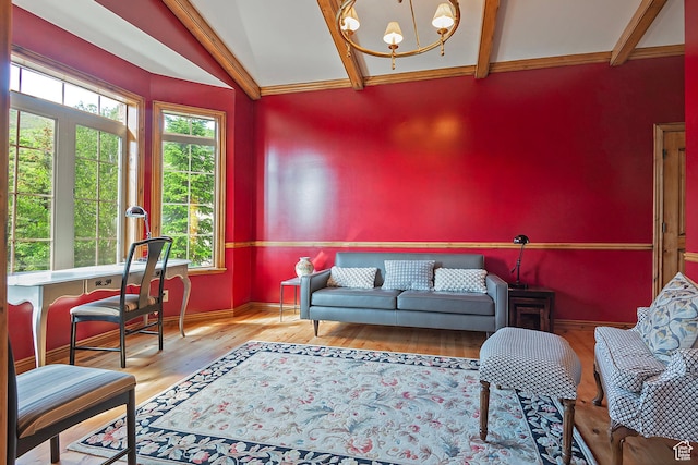 5888 E Pioneer Fork Rd N, Salt Lake City, UT 84108 - living area with baseboards, a notable chandelier, wood finished floors, and beam ceiling