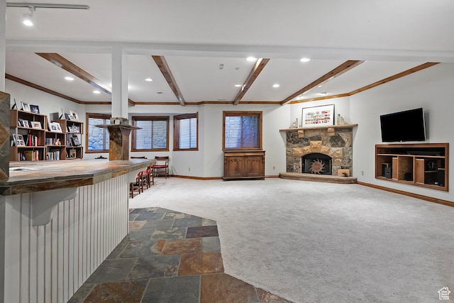 5888 E Pioneer Fork Rd N, Salt Lake City, UT 84108 - unfurnished living room with recessed lighting, carpet, baseboards, beam ceiling, and a fireplace