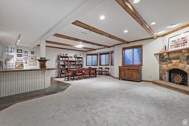 5888 E Pioneer Fork Rd N, Salt Lake City, UT 84108 - carpeted living room with recessed lighting, baseboards, beamed ceiling, a community bar, and a fireplace