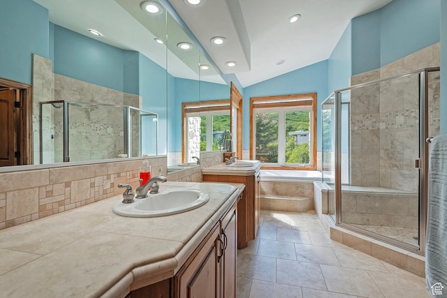 5888 E Pioneer Fork Rd N, Salt Lake City, UT 84108 - full bath featuring vanity, lofted ceiling, tile patterned floors, a stall shower, and a bath