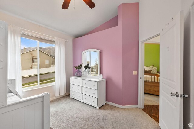13968 S Hawberry Rd E, Draper, UT 84020 - bedroom featuring vaulted ceiling, radiator heating unit, baseboards, light colored carpet, and ceiling fan
