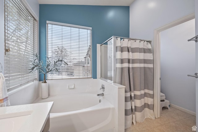 13968 S Hawberry Rd E, Draper, UT 84020 - full bathroom featuring a bath, toilet, tile patterned floors, vanity, and a shower with curtain