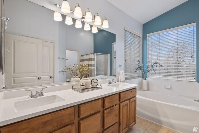 13968 S Hawberry Rd E, Draper, UT 84020 - full bathroom with a bath, double vanity, a sink, and tile patterned flooring
