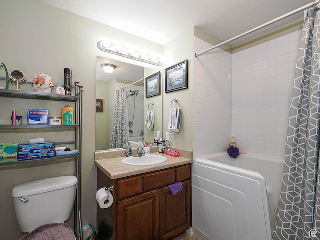 bathroom with shower / bath combo, toilet, and vanity