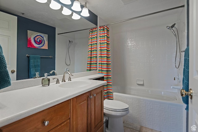 3125 E Kennedy Dr S Unit 605, Salt Lake City, UT 84108 - full bathroom with a textured ceiling, tiled shower / bath combo, toilet, tile patterned floors, and vanity