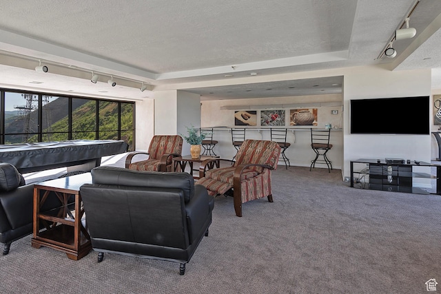 3125 E Kennedy Dr S Unit 605, Salt Lake City, UT 84108 - living room featuring rail lighting, carpet, and a textured ceiling