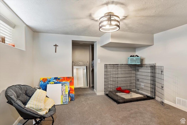 game room featuring baseboards, visible vents, carpet, and a textured ceiling