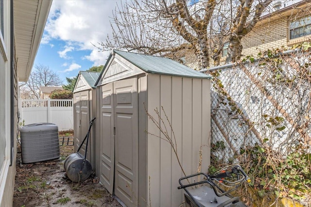 view of shed with central air condition unit and a fenced backyard