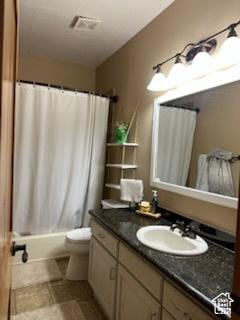 4190 W Delray N Unit 39, Vernal, UT 84078 - bathroom featuring stone finish floor, vanity, visible vents, toilet, and shower / tub combo
