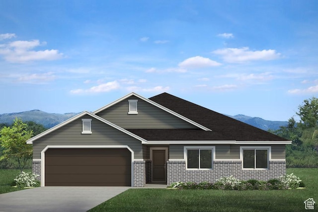 view of front of property featuring brick siding, driveway, a mountain view, and an attached garage
