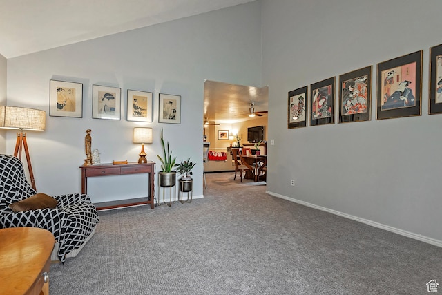 1077 E Deerwalk Ln S, Ogden, UT 84404 - sitting room featuring high vaulted ceiling, carpet, baseboards, and ceiling fan