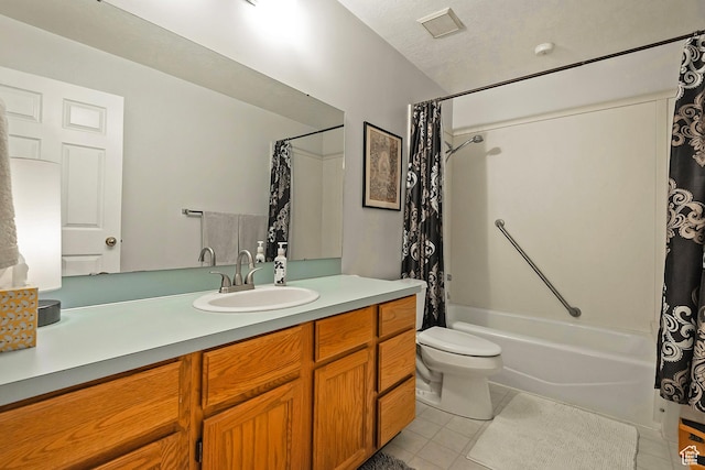 1077 E Deerwalk Ln S, Ogden, UT 84404 - bathroom with toilet, vanity, a textured ceiling, shower / tub combo, and tile patterned flooring