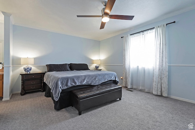 1077 E Deerwalk Ln S, Ogden, UT 84404 - carpeted bedroom featuring visible vents, crown molding, baseboards, and ceiling fan