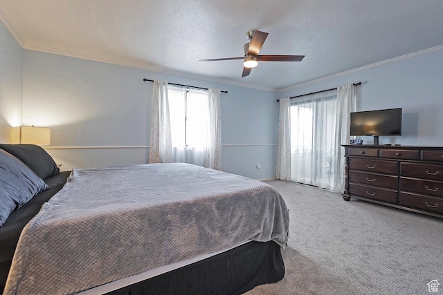 1077 E Deerwalk Ln S, Ogden, UT 84404 - bedroom featuring light carpet, crown molding, and ceiling fan
