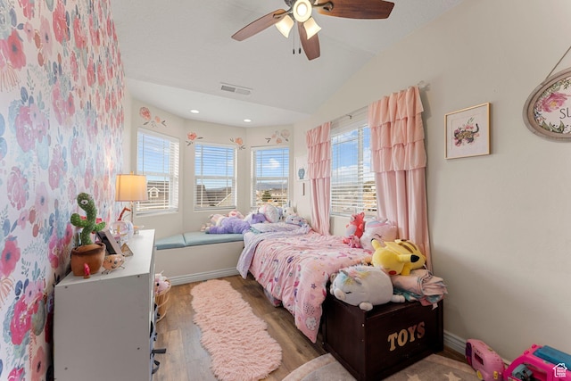 6832 W 1500 N, Cedar City, UT 84721 - bedroom featuring a ceiling fan, wood finished floors, lofted ceiling, baseboards, and visible vents