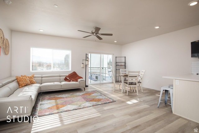 76 E 450 N, Ephraim, UT 84627 - living room featuring light wood-style floors, ceiling fan, and recessed lighting