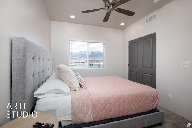 76 E 450 N, Ephraim, UT 84627 - bedroom featuring ceiling fan, visible vents, recessed lighting, and carpet