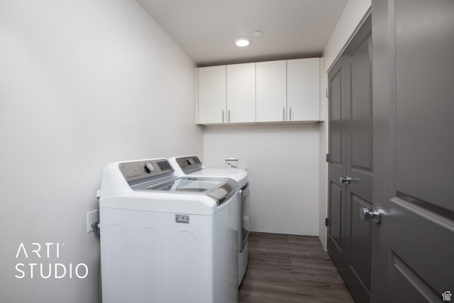 76 E 450 N, Ephraim, UT 84627 - clothes washing area featuring independent washer and dryer, cabinet space, and dark wood-style floors