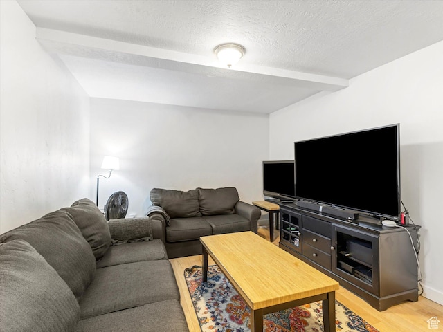 living area featuring light wood-type flooring and a textured ceiling