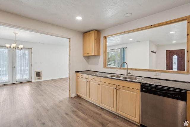 148 N Center St, Midway, UT 84049 - kitchen with light wood-type flooring, a sink, light brown cabinetry, and stainless steel dishwasher