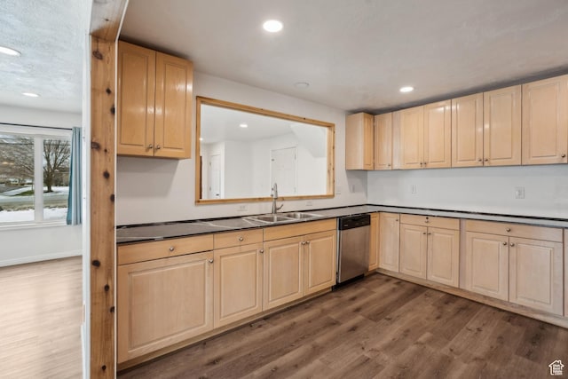 148 N Center St, Midway, UT 84049 - kitchen featuring a sink, stainless steel dishwasher, dark wood-style floors, light brown cabinets, and recessed lighting