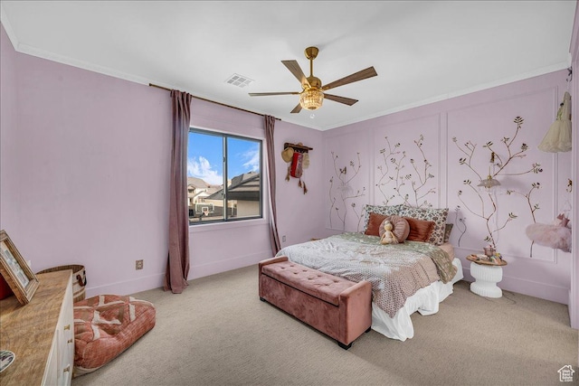 697 E Margarita Way, Washington, UT 84780 - bedroom featuring ornamental molding, visible vents, a ceiling fan, and light carpet