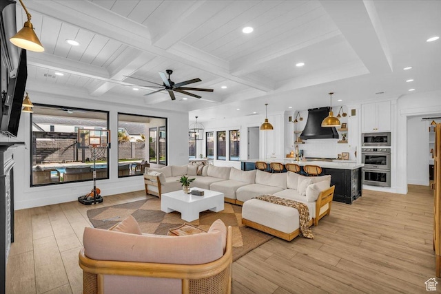 697 E Margarita Way, Washington, UT 84780 - living area with recessed lighting, a ceiling fan, beam ceiling, light wood-type flooring, and coffered ceiling