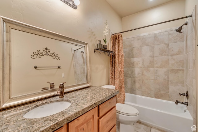 full bath featuring toilet, vanity, and shower / bathtub combination with curtain