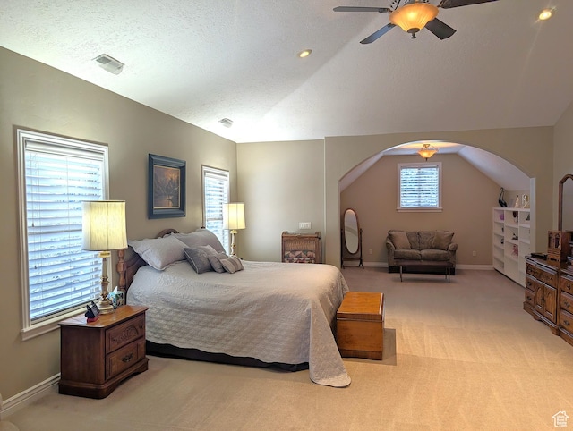 2524 E 700 S, Springville, UT 84663 - bedroom featuring a textured ceiling, visible vents, light carpet, arched walkways, and vaulted ceiling
